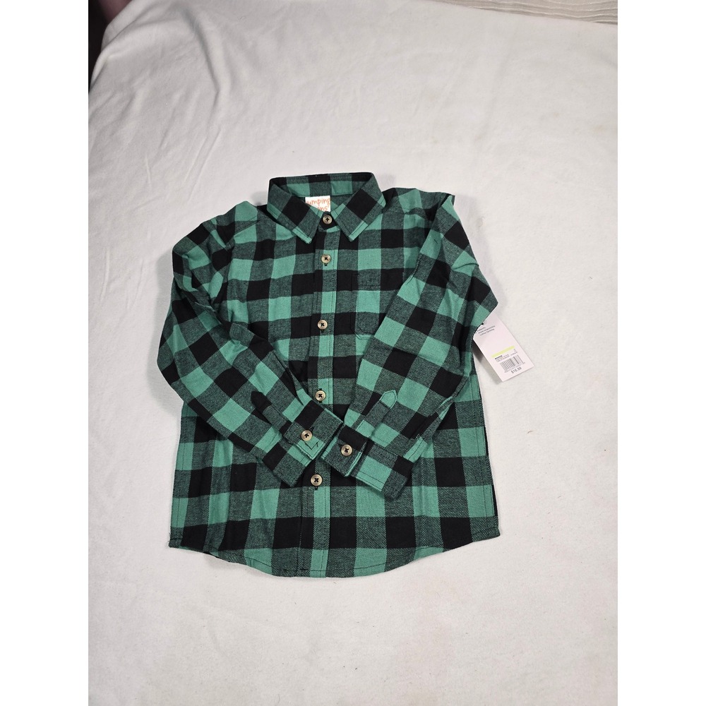 Jumping Beans Boys Green Black Buffalo Plaid Flannel Button Down Shirt 5T New